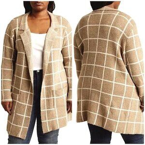 Joseph A Tan and White Windowpane Open-Front Cardigan Sweater